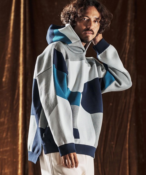 ANGENEHM（アンゲネーム）の「mpa3885-Jacquard Block Color Hoodie -Airy Yarn Sweater- ニットフーディー(AG05-014acf)（パーカー・メンズ・ブラック/ライトグレー/ネイビー・L/M/S）」の3枚目の写真