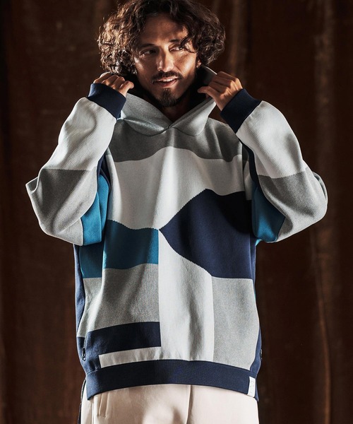 ANGENEHM（アンゲネーム）の「mpa3885-Jacquard Block Color Hoodie -Airy Yarn Sweater- ニットフーディー(AG05-014acf)（パーカー・メンズ・ブラック/ライトグレー/ネイビー・L/M/S）」の4枚目の写真