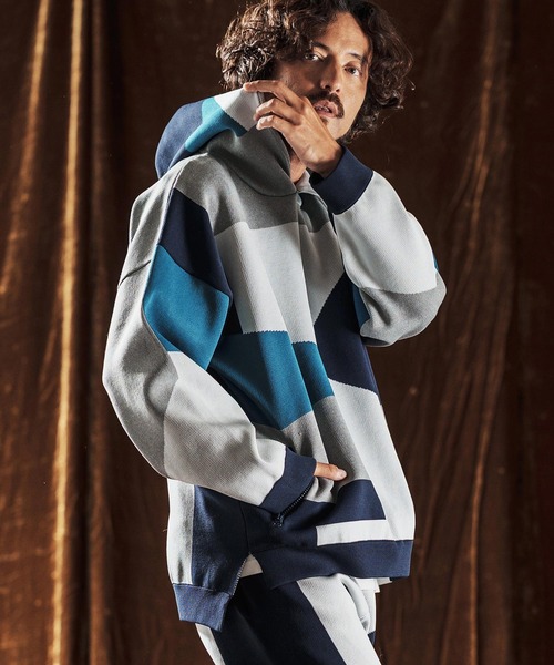 ANGENEHM（アンゲネーム）の「mpa3885-Jacquard Block Color Hoodie -Airy Yarn Sweater- ニットフーディー(AG05-014acf)（パーカー・メンズ・ブラック/ライトグレー/ネイビー・L/M/S）」の6枚目の写真