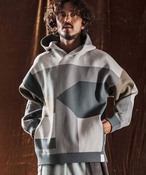 ANGENEHM（アンゲネーム）の「mpa3885-Jacquard Block Color Hoodie -Airy Yarn Sweater- ニットフーディー(AG05-014acf)（パーカー・メンズ・ブラック/ライトグレー/ネイビー・L/M/S）」の11枚目の写真