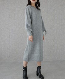 クルーネック ボリューム袖 ロング ニット ワンピース