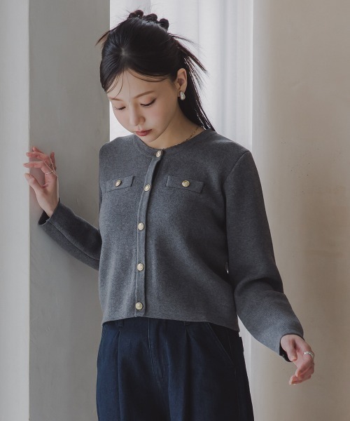 Petitjo（プッチージョ）の「小さいサイズ　綿100％クルーニットカーディガン　低身長さん・小柄女性（カーディガン/ボレロ・レディース・ホワイト×ネイビー/グレー・PL/PSS/PM/PS）」の2枚目の写真