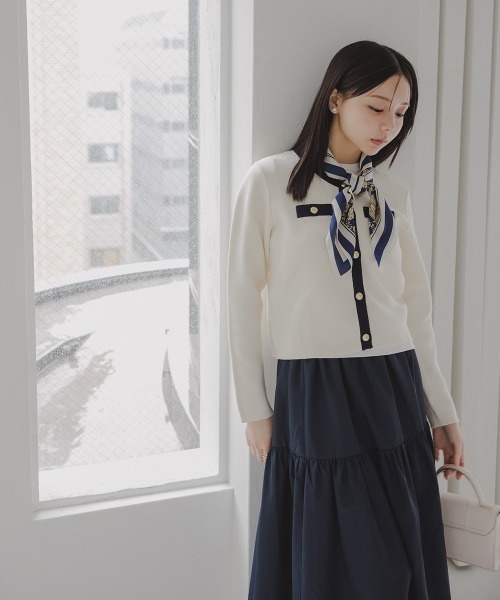 Petitjo（プッチージョ）の「小さいサイズ　綿100％クルーニットカーディガン　低身長さん・小柄女性（カーディガン/ボレロ・レディース・ホワイト×ネイビー/グレー・PL/PSS/PM/PS）」の3枚目の写真