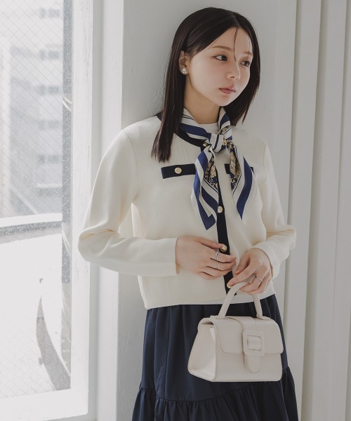 Petitjo（プッチージョ）の「小さいサイズ　綿100％クルーニットカーディガン　低身長さん・小柄女性（カーディガン/ボレロ・レディース・ホワイト×ネイビー/グレー・PL/PSS/PM/PS）」の4枚目の写真