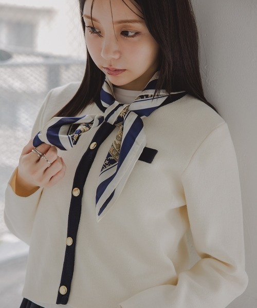 Petitjo（プッチージョ）の「小さいサイズ　綿100％クルーニットカーディガン　低身長さん・小柄女性（カーディガン/ボレロ・レディース・ホワイト×ネイビー/グレー・PL/PSS/PM/PS）」の5枚目の写真