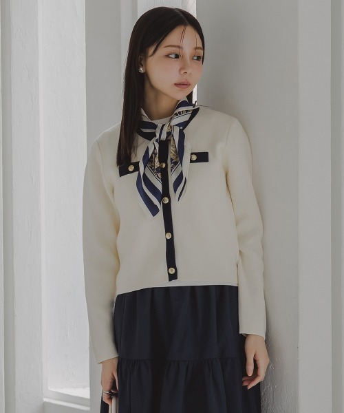 Petitjo（プッチージョ）の「小さいサイズ　綿100％クルーニットカーディガン　低身長さん・小柄女性（カーディガン/ボレロ・レディース・ホワイト×ネイビー/グレー・PL/PSS/PM/PS）」の6枚目の写真