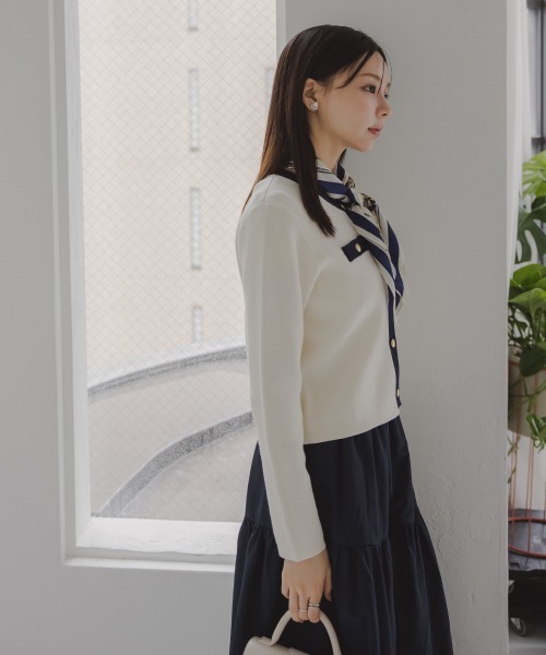 Petitjo（プッチージョ）の「小さいサイズ　綿100％クルーニットカーディガン　低身長さん・小柄女性（カーディガン/ボレロ・レディース・ホワイト×ネイビー/グレー・PL/PSS/PM/PS）」の7枚目の写真