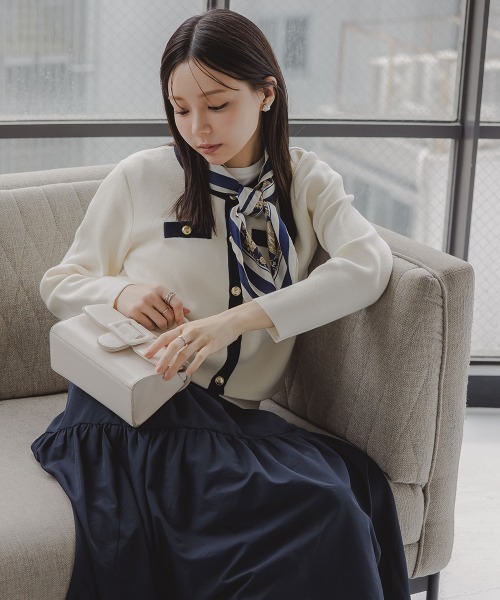 Petitjo（プッチージョ）の「小さいサイズ　綿100％クルーニットカーディガン　低身長さん・小柄女性（カーディガン/ボレロ・レディース・ホワイト×ネイビー/グレー・PL/PSS/PM/PS）」の12枚目の写真