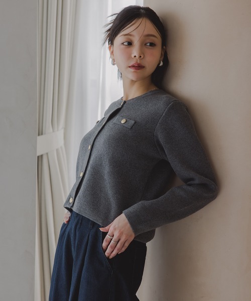 Petitjo（プッチージョ）の「小さいサイズ　綿100％クルーニットカーディガン　低身長さん・小柄女性（カーディガン/ボレロ・レディース・ホワイト×ネイビー/グレー・PL/PSS/PM/PS）」の14枚目の写真