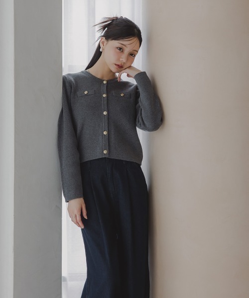 Petitjo（プッチージョ）の「小さいサイズ　綿100％クルーニットカーディガン　低身長さん・小柄女性（カーディガン/ボレロ・レディース・ホワイト×ネイビー/グレー・PL/PSS/PM/PS）」の17枚目の写真