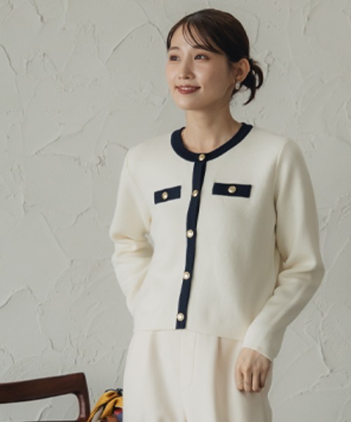 Petitjo（プッチージョ）の「小さいサイズ　綿100％クルーニットカーディガン　低身長さん・小柄女性（カーディガン/ボレロ・レディース・ホワイト×ネイビー/グレー・PL/PSS/PM/PS）」の19枚目の写真