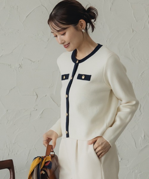 Petitjo（プッチージョ）の「小さいサイズ　綿100％クルーニットカーディガン　低身長さん・小柄女性（カーディガン/ボレロ・レディース・ホワイト×ネイビー/グレー・PL/PSS/PM/PS）」の21枚目の写真