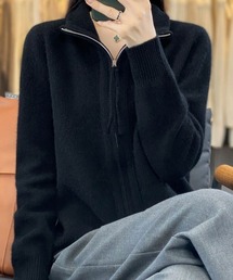 襟付きニットカーディガン ブルジップ シンプル ダブルファスナー オフィスカジュアル きれいめカジュアル レディース韓国
