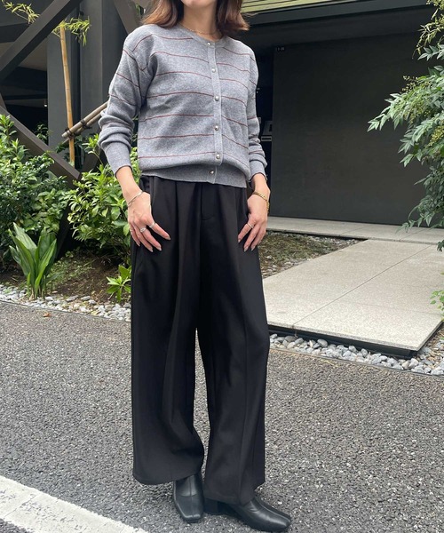 Ampirula（アンピルーラ）の「ニット 長袖 トップス ニットカーディガン 秋冬 秋 ボーダー レディース 前開き（カーディガン/ボレロ・レディース・ブラウン/ネイビー/グレー・FREE）」の4枚目の写真