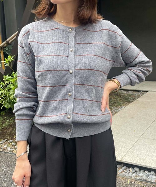 Ampirula（アンピルーラ）の「ニット 長袖 トップス ニットカーディガン 秋冬 秋 ボーダー レディース 前開き（カーディガン/ボレロ・レディース・ブラウン/ネイビー/グレー・FREE）」の5枚目の写真