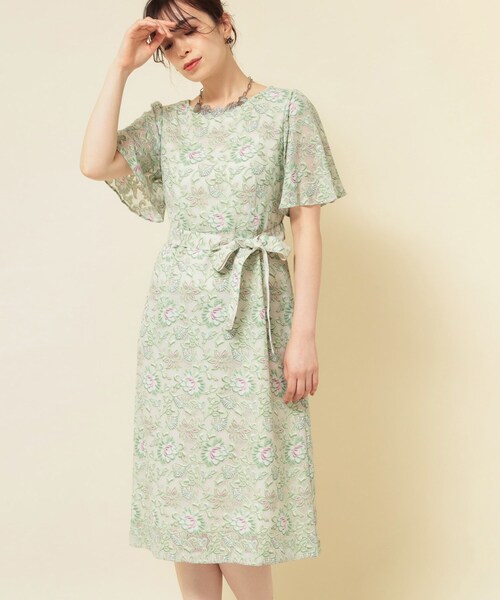 Sunauna（スーナウーナ）の「【オパール加工レース／リボン付き】フィット＆フレアワンピース（ワンピース・レディース・グリーン系その他2/ブラック系・40/38/36）」の2枚目の写真