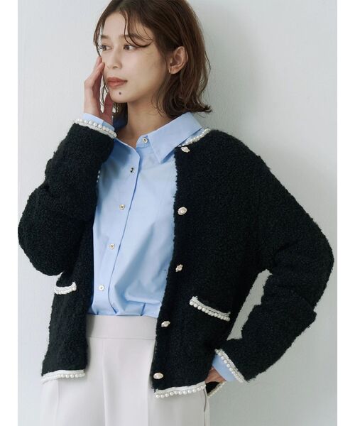 TONAL(トーナル)の「パールラインニットジャケット(ノーカラージャケット・レディース・オフホワイト/グレー/ブラック・MEDIUM)」の1枚目の写真
