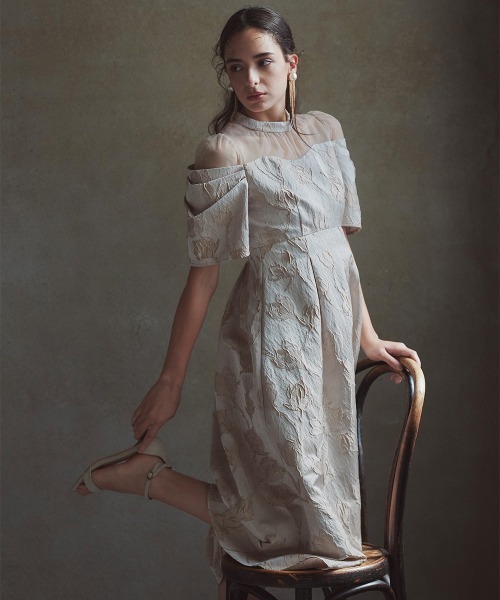 セール】タックスリーブジャガードロング丈ワンピースドレス〔Callarus