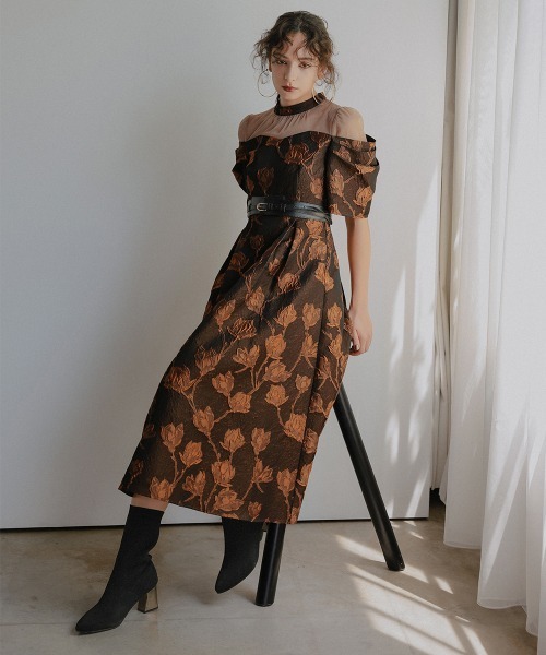 セール】タックスリーブジャガードロング丈ワンピースドレス〔Callarus