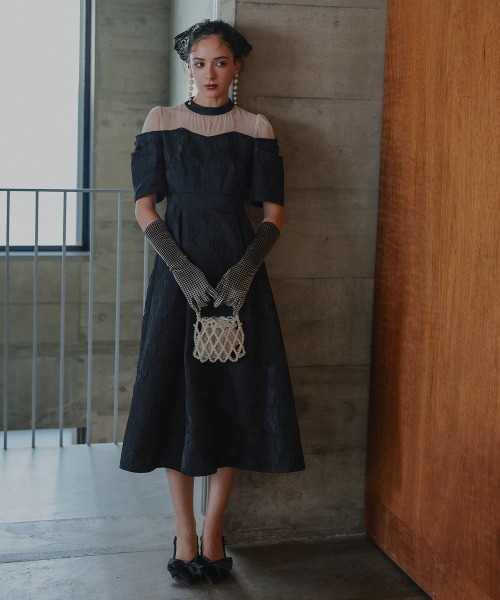 セール】タックスリーブジャガードロング丈ワンピースドレス〔Callarus