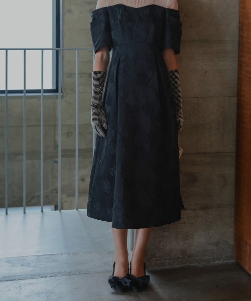 セール】タックスリーブジャガードロング丈ワンピースドレス〔Callarus