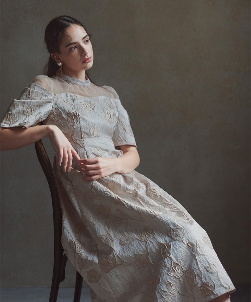 セール】タックスリーブジャガードロング丈ワンピースドレス〔Callarus