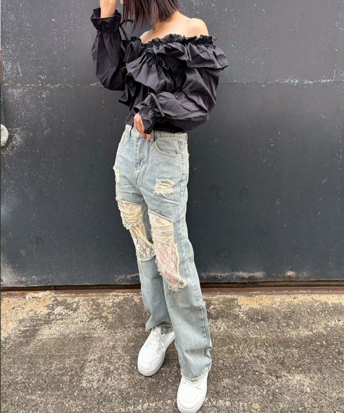 ARCADE（アーケード）の「レース ダメージ デニムパンツ（デニムパンツ・レディース・ブルー・S/M/L/XL）」の8枚目の写真