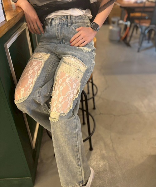 ARCADE（アーケード）の「レース ダメージ デニムパンツ（デニムパンツ・レディース・ブルー・S/M/L/XL）」の5枚目の写真
