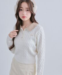 配色衿ケーブルニットポロニット