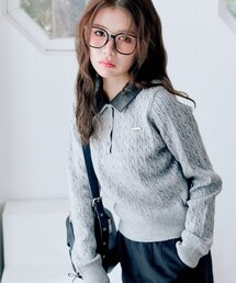 配色衿ケーブルニットポロニット