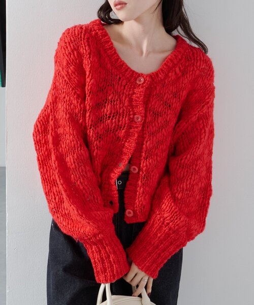 GRANCY カーディガン 即完 Mサイズ レッド ROPÉ PICNIC(ロペピクニック) / シルク混Vネック金ボタンニット