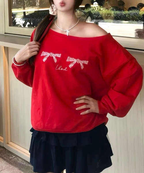 Vipoa(ヴィポア)の「Ribbon print sweat(Tシャツ/カットソー・レディース・レッド・FREE)」の7枚目の写真