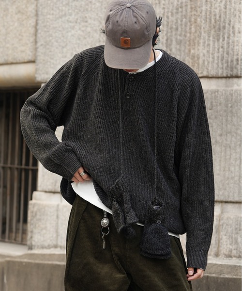 Bleme（ブレム）の「ウール混 ラグラン ヘンリーネックニット（ニット/セーター・メンズ・グレー/ブラウン/ベージュ・S/M/L/XL）」の5枚目の写真