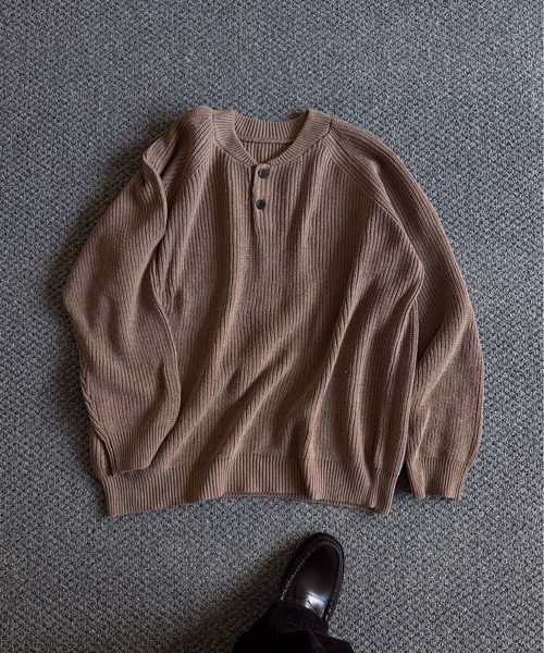 ウール混 ラグラン ヘンリーネックニット（ニット/セーター）｜Bleme