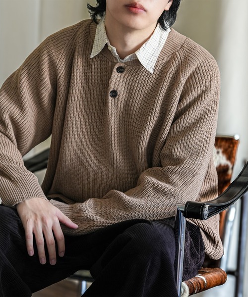 Bleme（ブレム）の「ウール混 ラグラン ヘンリーネックニット（ニット/セーター・メンズ・グレー/ブラウン/ベージュ・S/M/L/XL）」の20枚目の写真