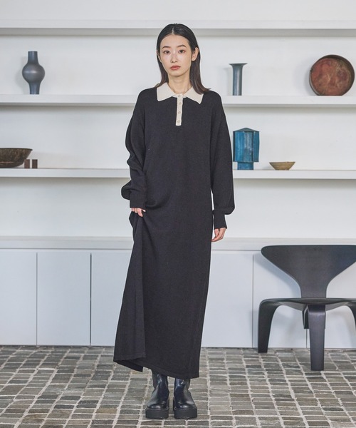 LAKOLE（ラコレ）の「ポロニット長袖ワンピース / 622321（ワンピース・レディース・ブラック/モカ/グレー・FREE）」の2枚目の写真