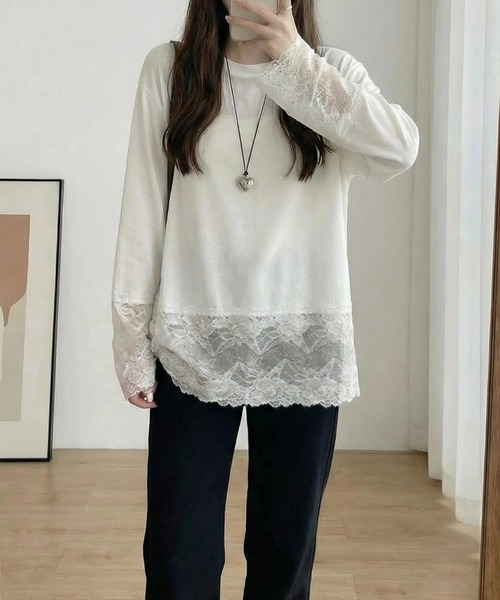 cammie（キャミー）の「裾レースデザイトップス（Tシャツ/カットソー・レディース・ホワイト・M/L）」の3枚目の写真