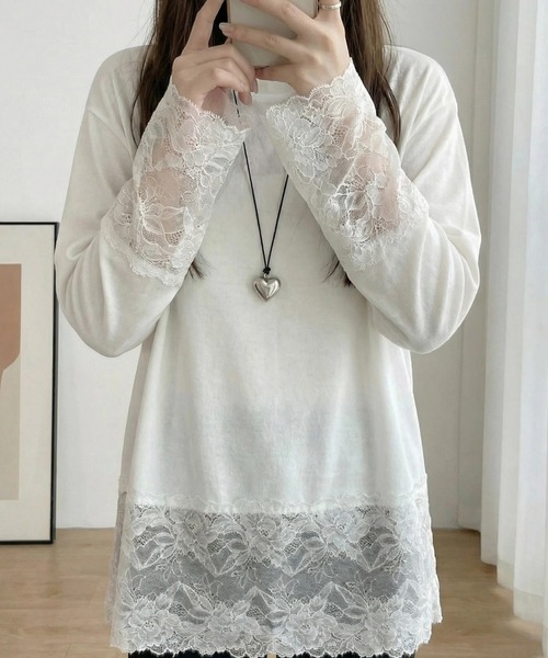 cammie（キャミー）の「裾レースデザイトップス（Tシャツ/カットソー・レディース・ホワイト・M/L）」の4枚目の写真