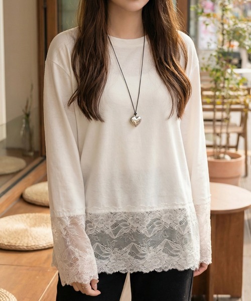 cammie（キャミー）の「裾レースデザイトップス（Tシャツ/カットソー・レディース・ホワイト・M/L）」の2枚目の写真