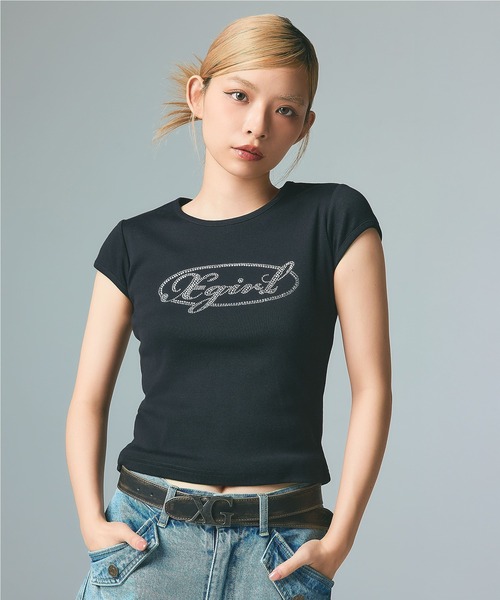 X-girl(エックスガール)の「RHINESTONE OVAL CURSIVE LOGO S/S BABY TEE(Tシャツ/カットソー・レディース・ホワイト/ブラック/オリーブ・S/M)」の6枚目の写真
