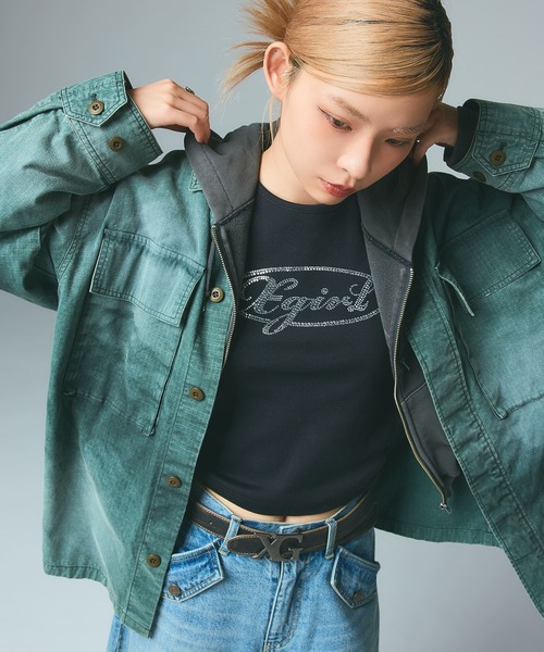 X-girl(エックスガール)の「RHINESTONE OVAL CURSIVE LOGO S/S BABY TEE(Tシャツ/カットソー・レディース・ホワイト/ブラック/オリーブ・S/M)」の10枚目の写真