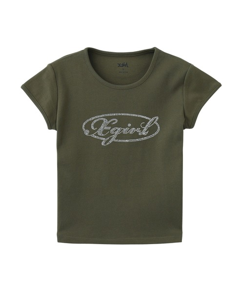 X-girl(エックスガール)の「RHINESTONE OVAL CURSIVE LOGO S/S BABY TEE(Tシャツ/カットソー・レディース・ホワイト/ブラック/オリーブ・S/M)」の14枚目の写真