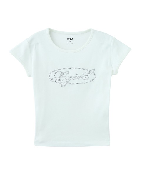 X-girl(エックスガール)の「RHINESTONE OVAL CURSIVE LOGO S/S BABY TEE(Tシャツ/カットソー・レディース・ホワイト/ブラック/オリーブ・S/M)」の15枚目の写真
