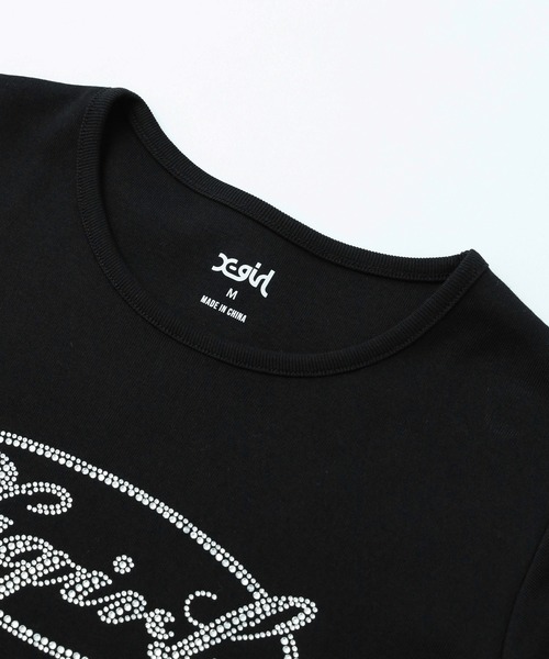 X-girl(エックスガール)の「RHINESTONE OVAL CURSIVE LOGO S/S BABY TEE(Tシャツ/カットソー・レディース・ホワイト/ブラック/オリーブ・S/M)」の18枚目の写真