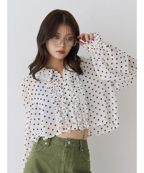 jouetie（ジュエティ）の「シアーフリルショートブラウス ドット柄（シャツ/ブラウス・レディース・オフホワイト/ブラック・MEDIUM）」の18枚目の写真