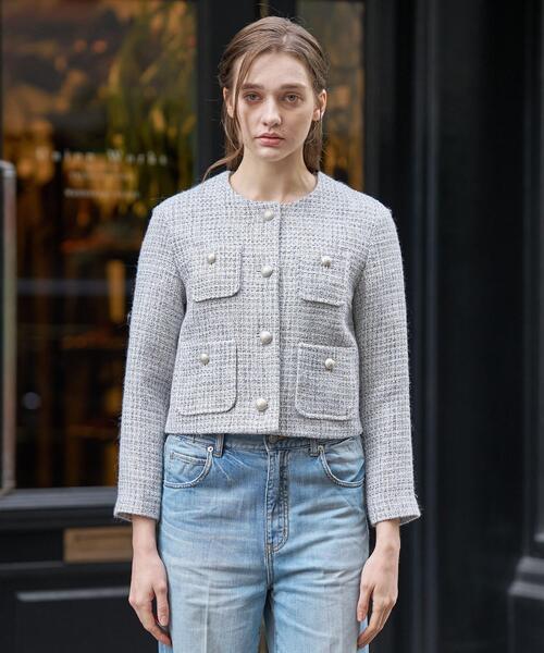 DRESSTERIOR（ドレステリア）の「ラメミックスツイードジャケット（ノーカラージャケット・レディース・ライトグレー・40/38/36）」の3枚目の写真