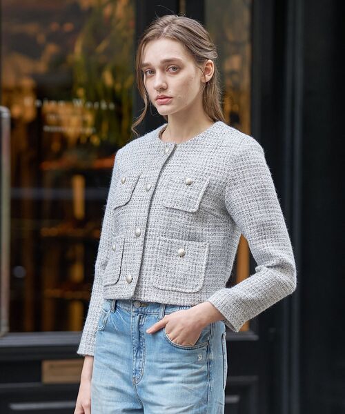 DRESSTERIOR（ドレステリア）の「ラメミックスツイードジャケット（ノーカラージャケット・レディース・ライトグレー・40/38/36）」の4枚目の写真