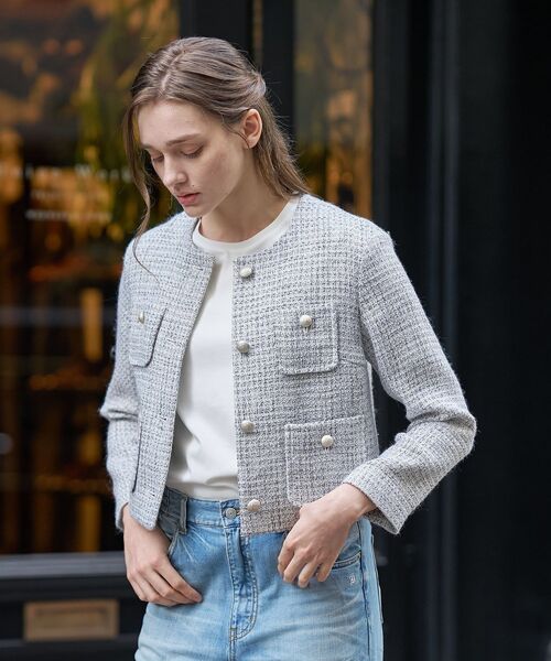DRESSTERIOR（ドレステリア）の「ラメミックスツイードジャケット（ノーカラージャケット・レディース・ライトグレー・40/38/36）」の5枚目の写真
