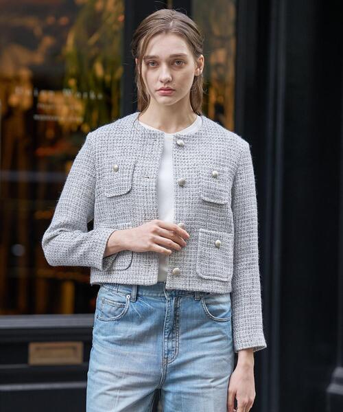 DRESSTERIOR（ドレステリア）の「ラメミックスツイードジャケット（ノーカラージャケット・レディース・ライトグレー・40/38/36）」の6枚目の写真