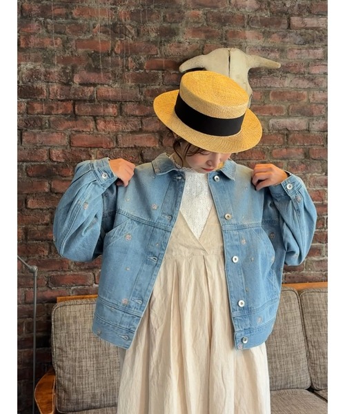 Samansa Mos2（サマンサ モスモス）の「【オーガニックコットン】デニムジャケット（ノーカラージャケット・レディース・サックスブルー/ブルー/キナリ・F）」の2枚目の写真